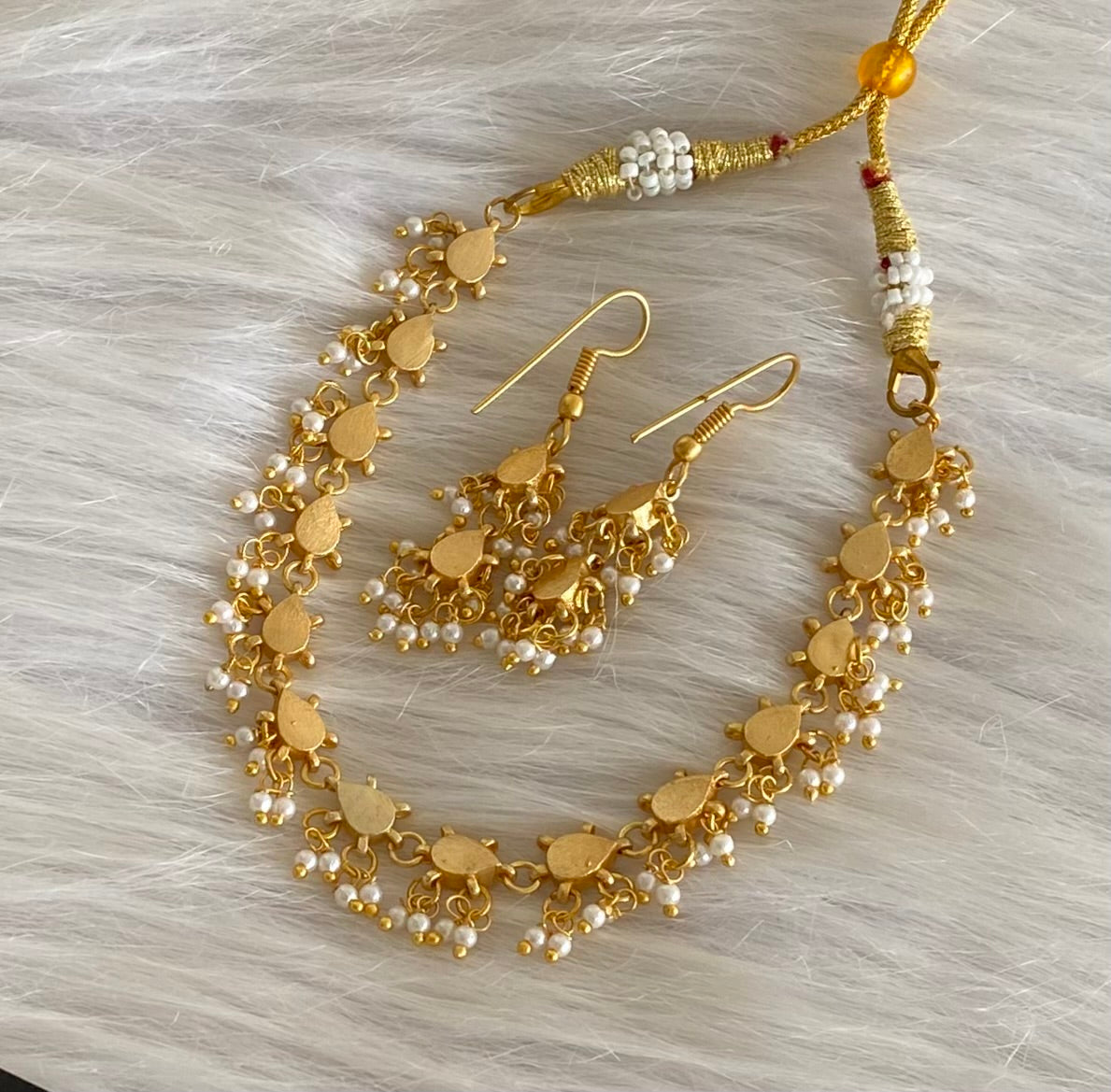 Antique gold tone kemp-green kundan jadau pearl necklace set dj-54149
