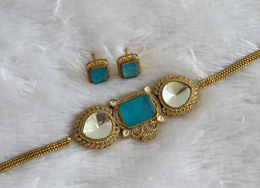 Antique gold tone cz big stone white-light blue choker necklace set dj-51088