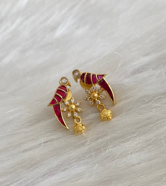 Gold tone pink-white stone kundan jadau bird earrings dj-54784