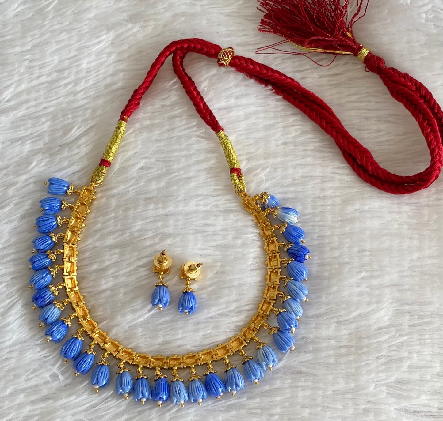 Antique gold tone blue tulip beaded necklace set dj-54369