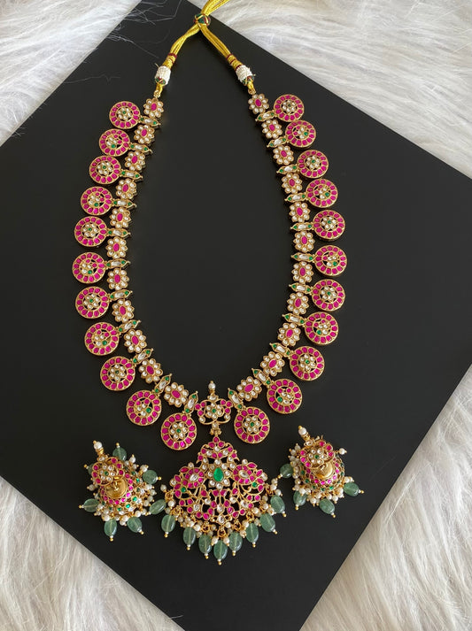Antique gold tone peacock green beaded kundan jadau bottu mala/haar set dj-54159