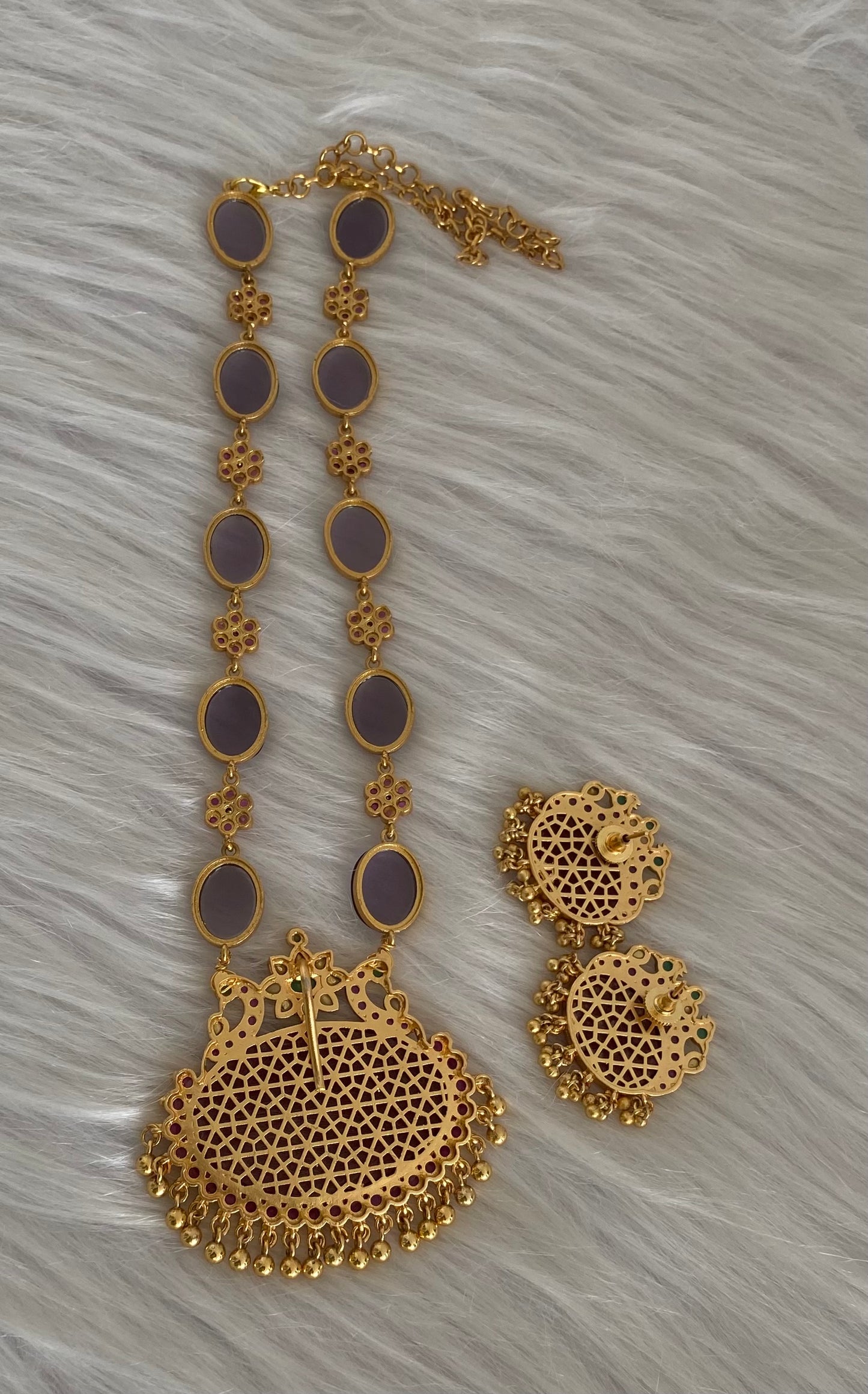 Matte finish purple stone big red oval peacock pendant short haar set dj-54254