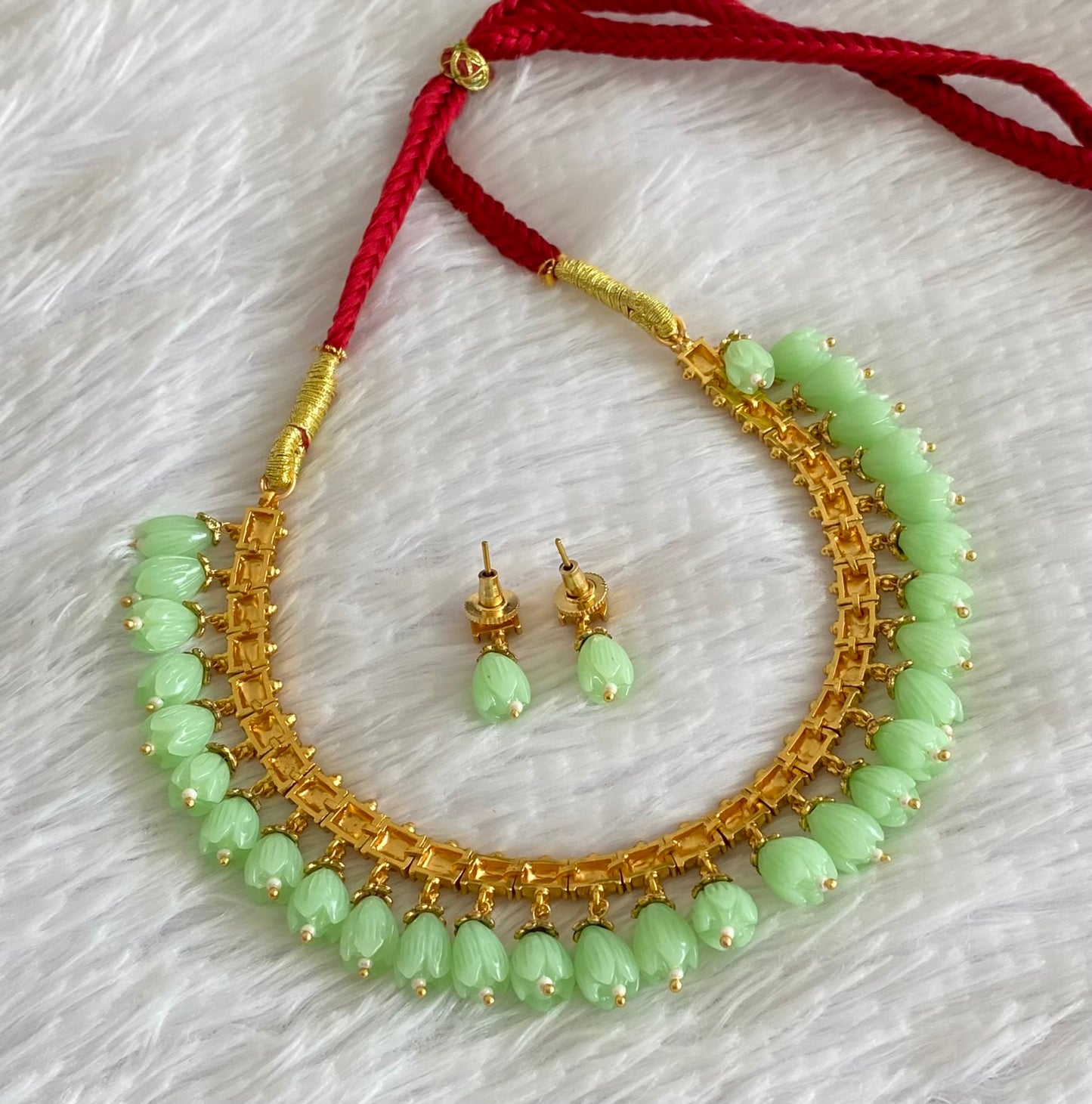 Antique gold tone sea green tulip beaded necklace set dj-54366