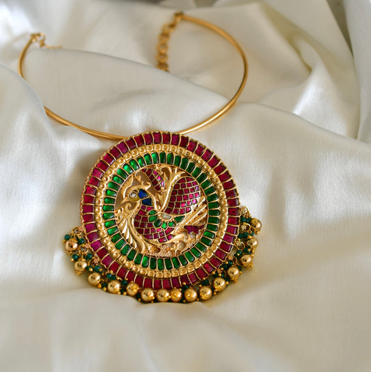Antique gold tone pink-green kundan jadau big annapakshi pendant hasli necklace dj-52599