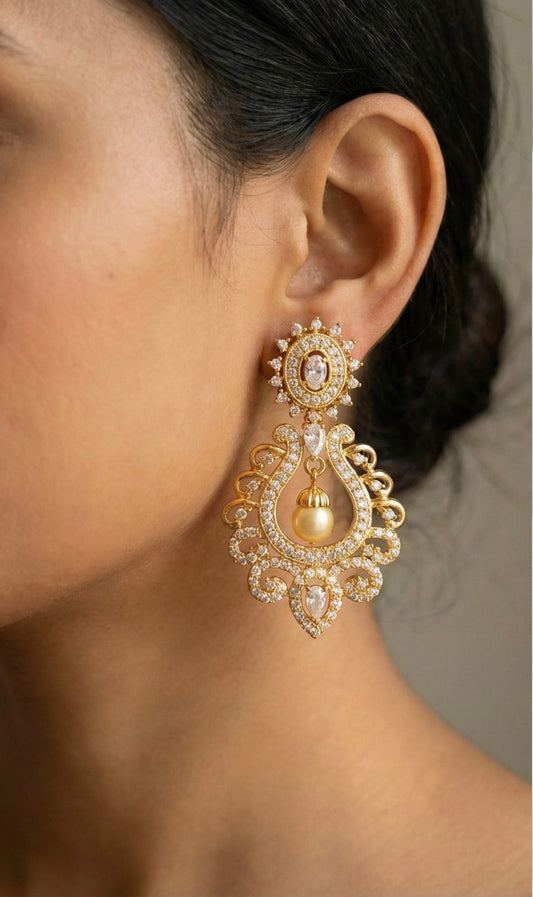 Gold tone Cz-white pearl earrings -dj17172