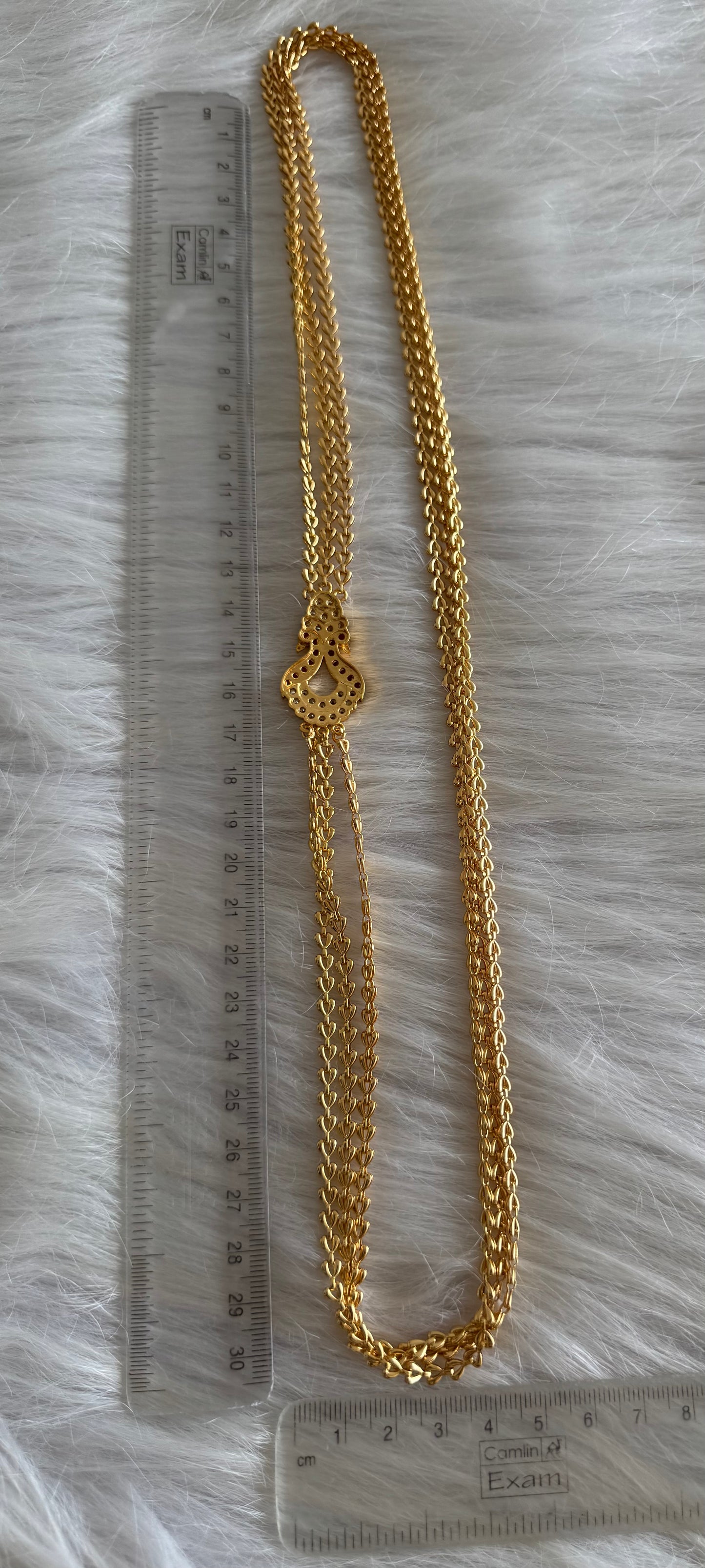 Gold tone 24 inches ruby-green-white triple layer peacock mugappu chain dj-51269