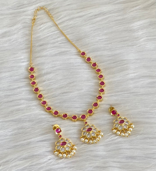 Gold tone pink-white stone pearl necklace set dj-54237