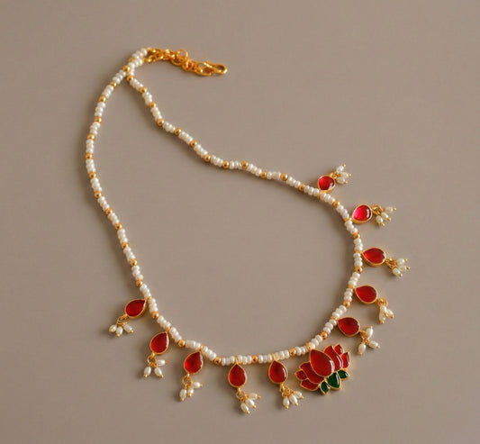 Gold tone pink-green lotus beaded necklace dj-52674