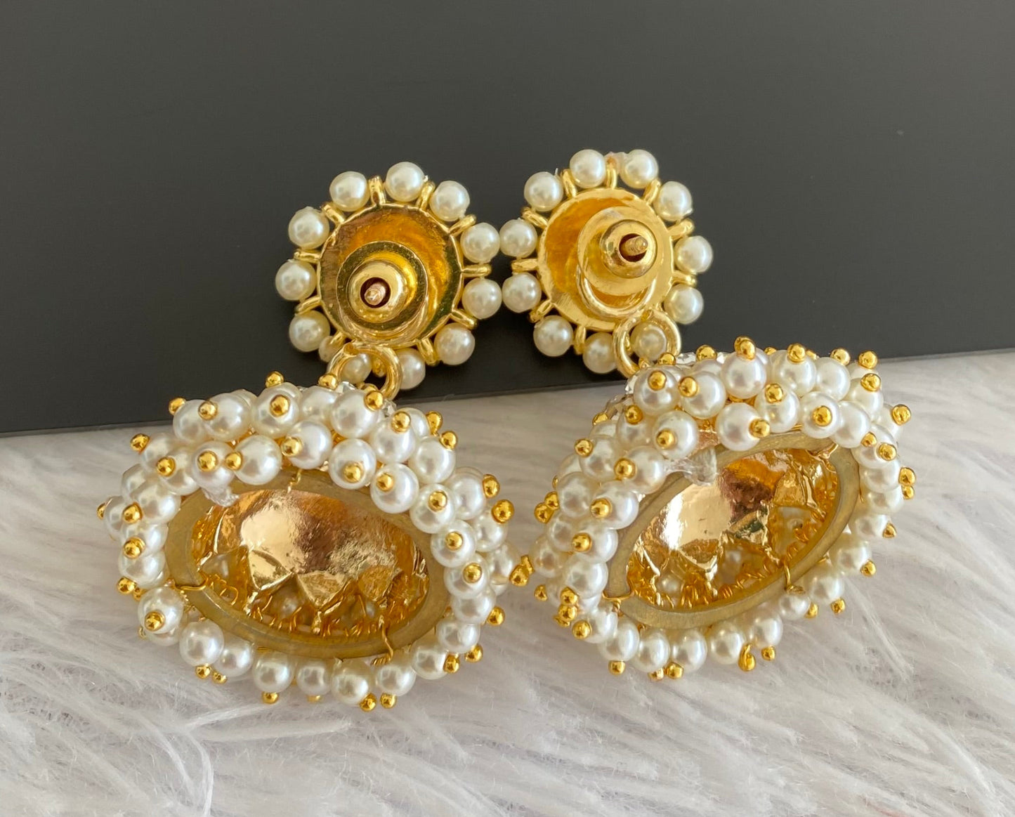 Gold tone precious white stone pearl jhumkka dj-53223