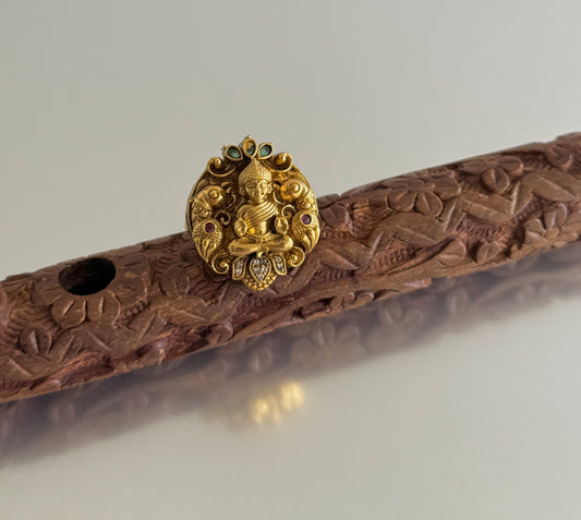 Antique gold tone cz kemp-green big Lakshmi adjustable finger ring dj-51403