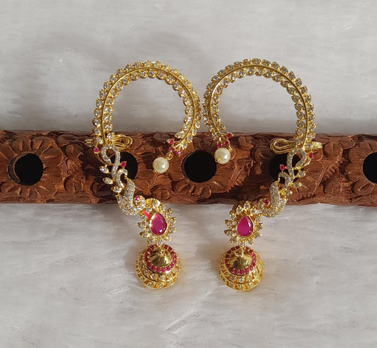 Gold Tone Cz Ruby Peacock Ear Cuff Jhumkka -dj11463