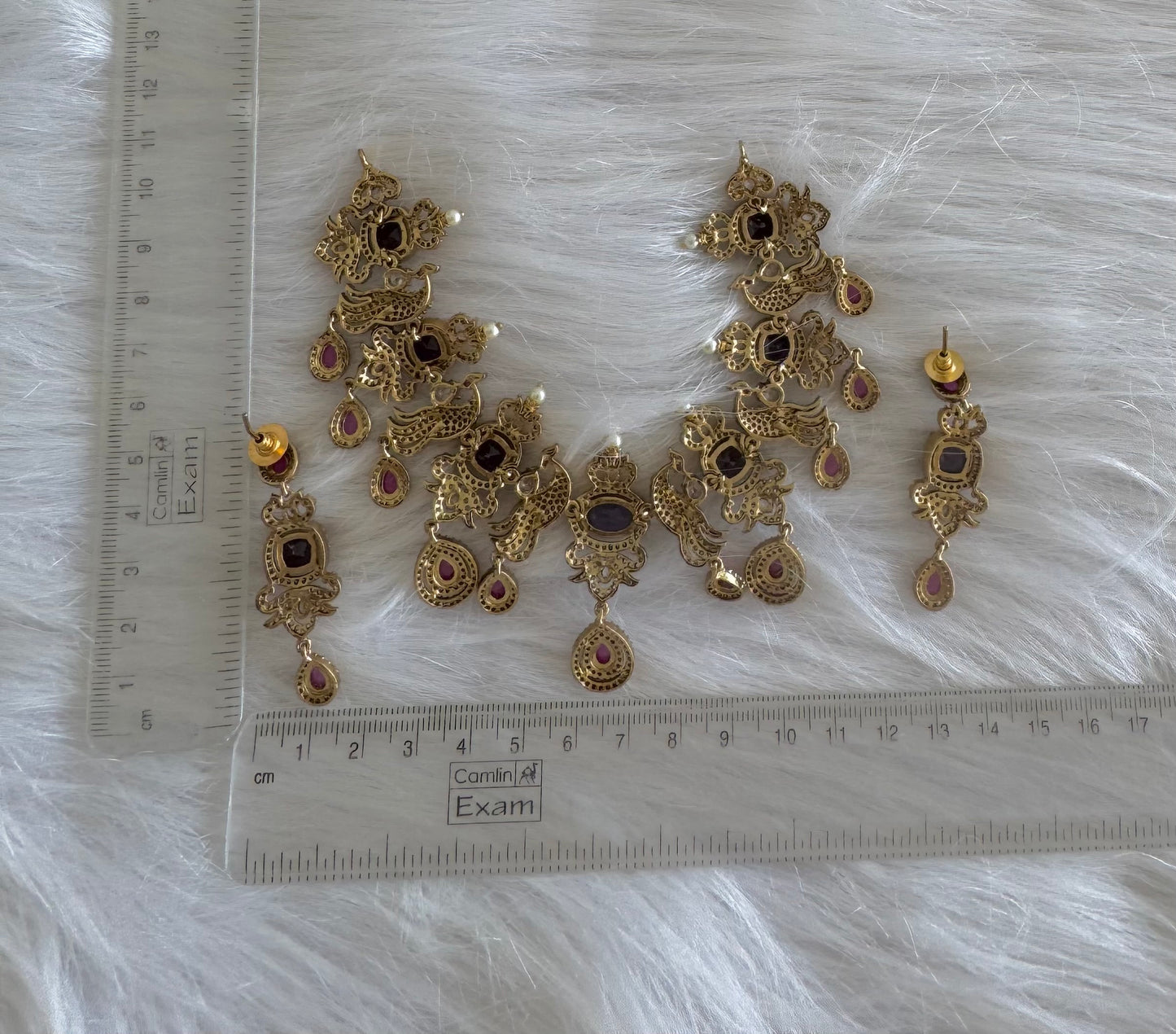 Antique gold tone cz purple-pink peacock necklace set dj-51199