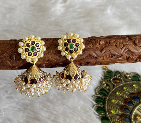 Gold tone precious kemp-green-white pearl jhumkka dj-51477