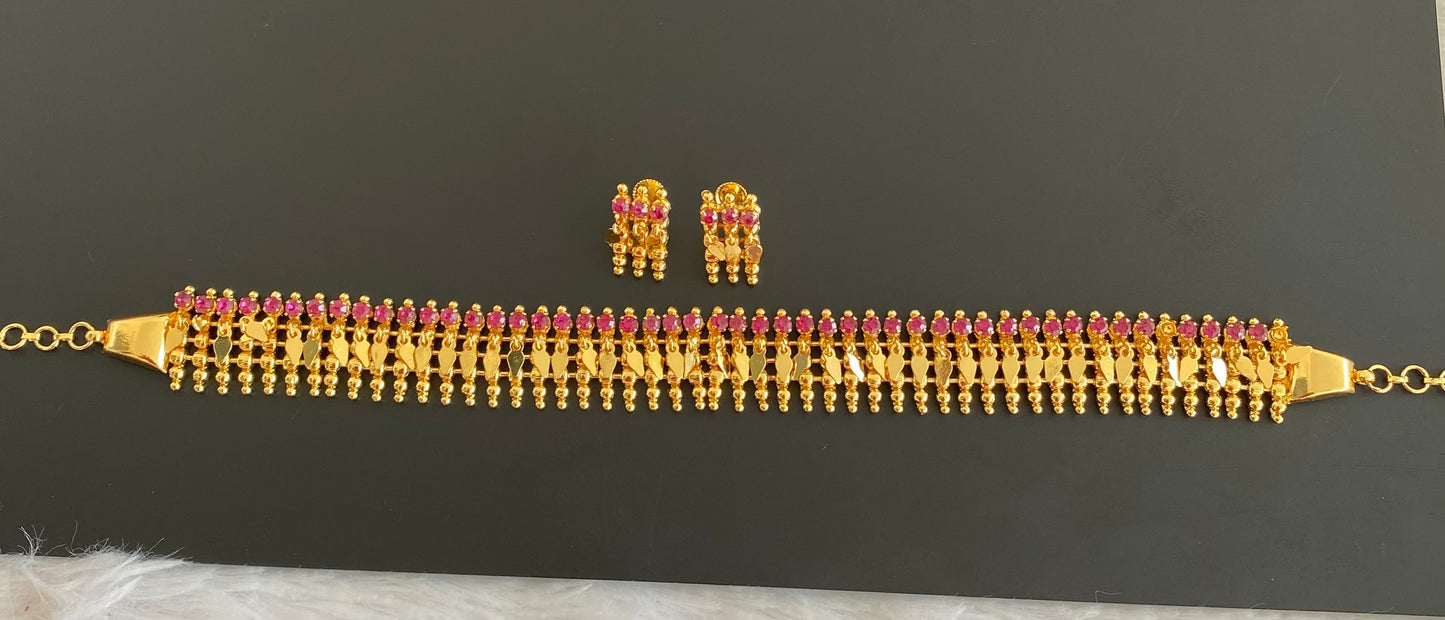 Gold tone ruby stone elakka thali choker necklace set dj-53111