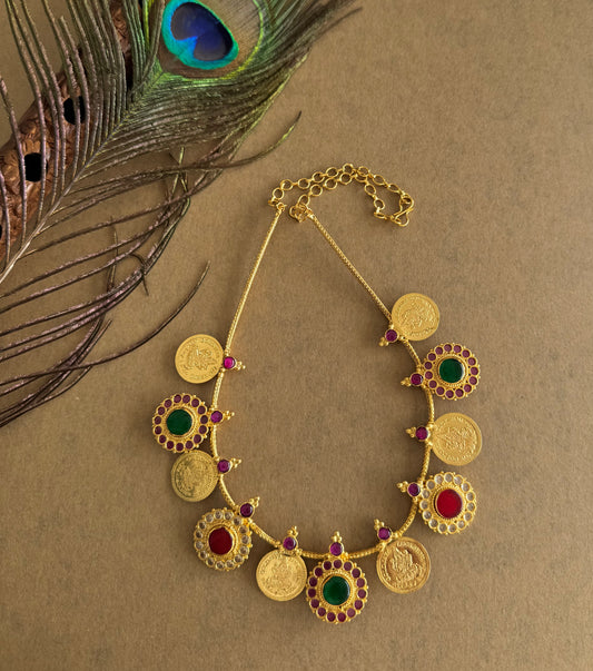 Gold tone kerala style red-green round lakshmi coin necklace dj-51692