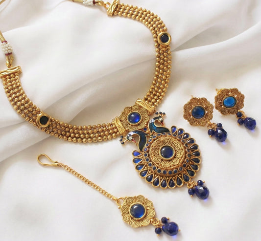 Antique gold tone blue peacock necklace set-dj04179