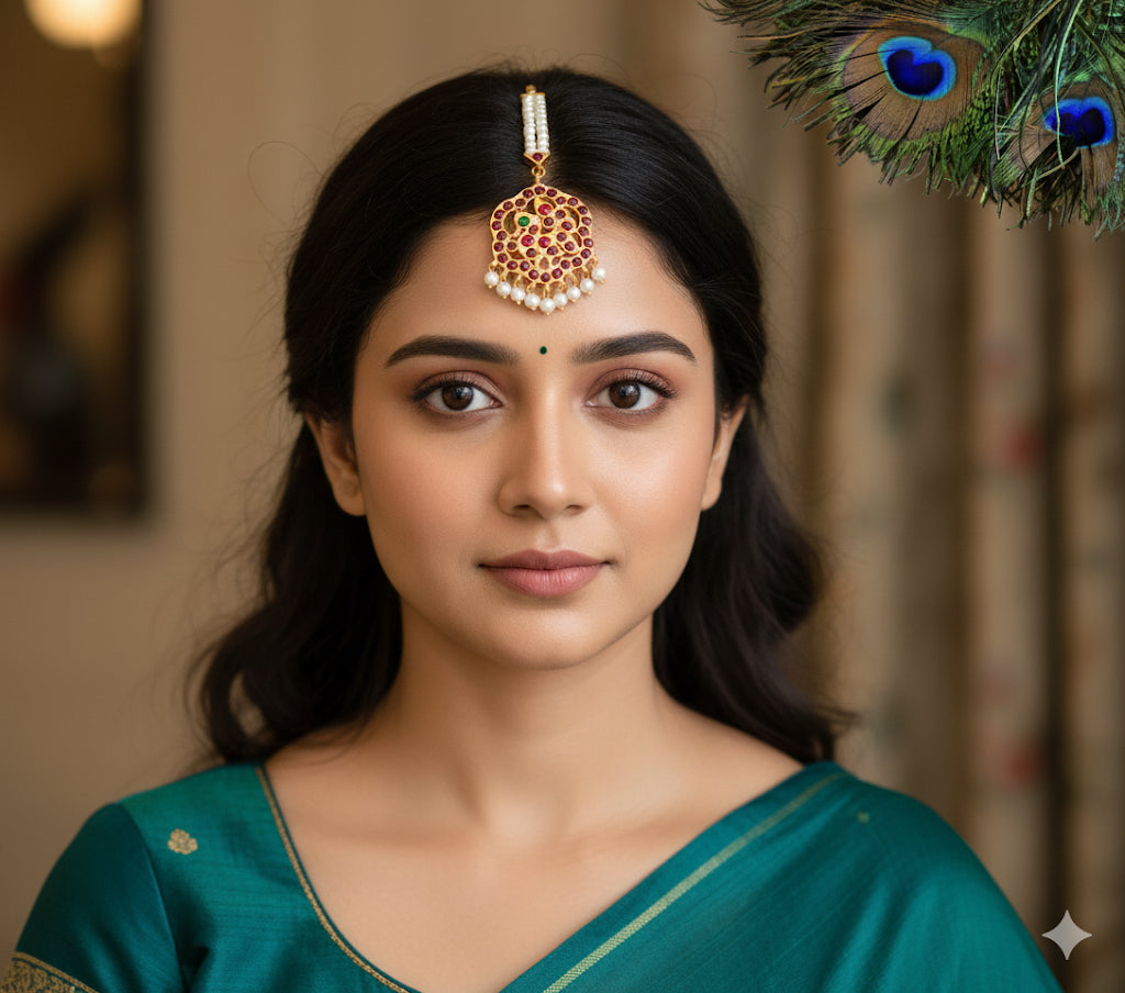 Gold tone kemp-green pearl swan flower maang tikka dj-29716