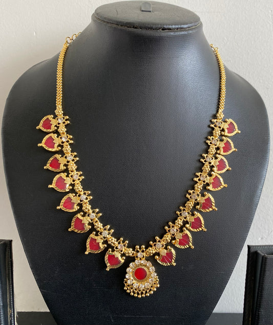 Gold tone white-red palakka necklace dj-53072