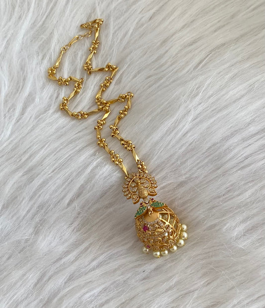Antique gold tone ruby-green-white peacock jhumkka pendant with chain dj-55087