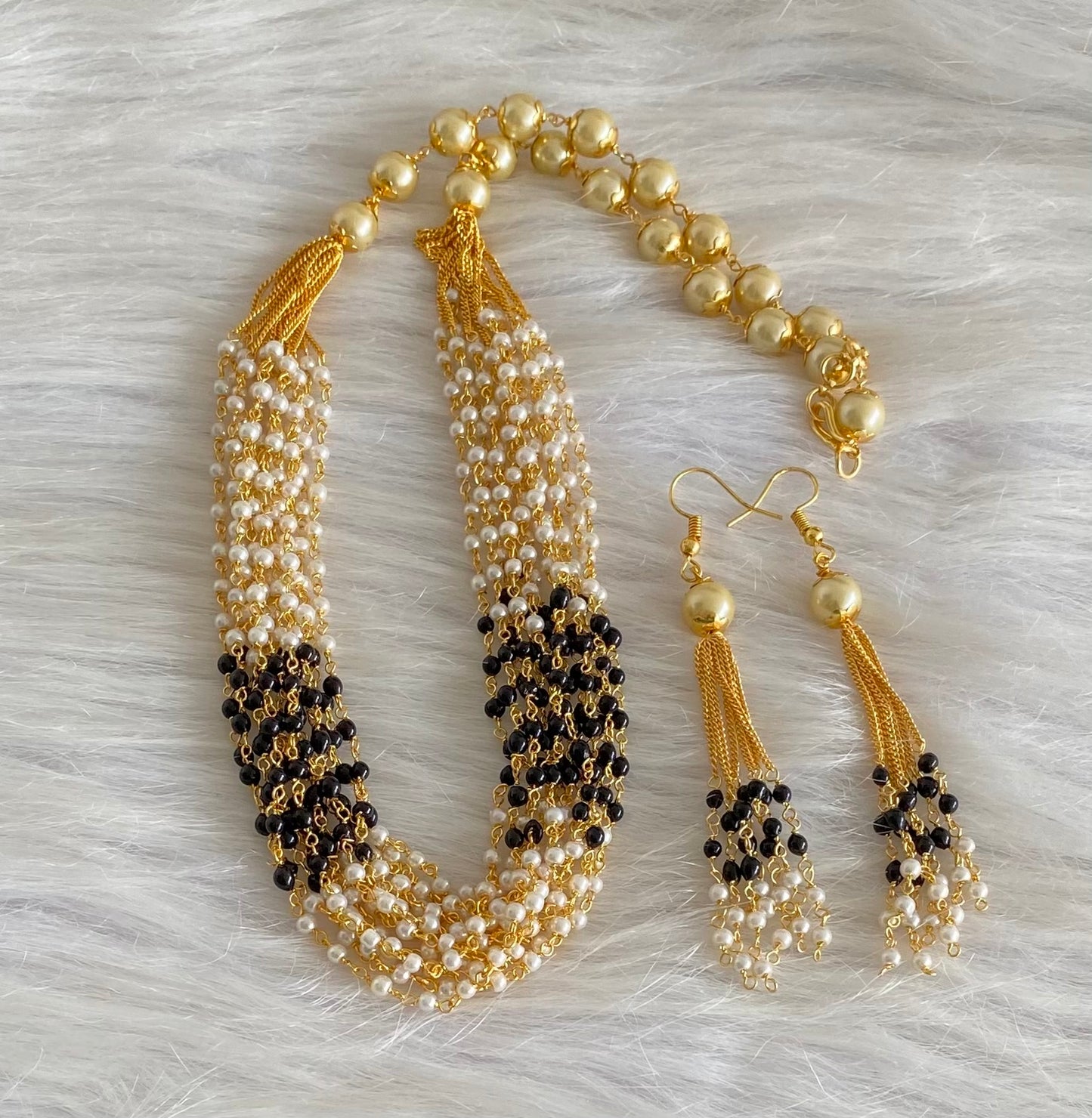 Gold tone black beaded pearl multilayer necklace set dj-54212