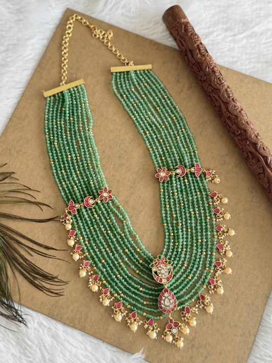 Matte finish pink-green-white kunan jadau agate layer green beaded haar dj-51555