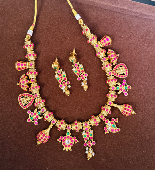 Gold tone shri thirumal nama kundan jadau necklace set dj-53239