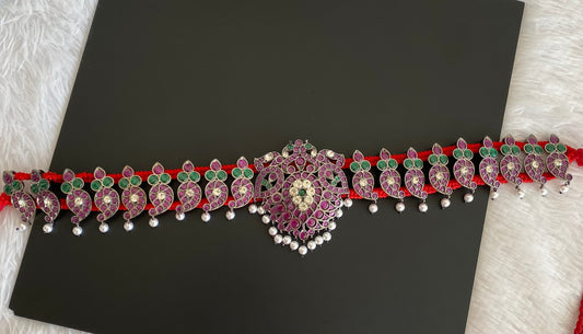 Black finish precious kemp-green-white pearl peacock mango waist band dj-53399