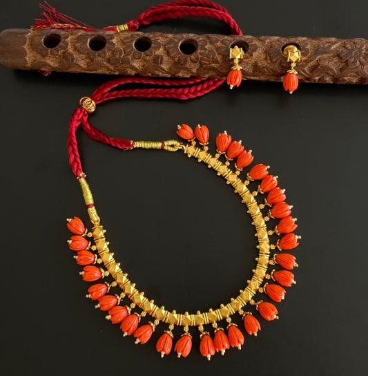 Antique gold tone coral red tulip beaded necklace set dj-54365