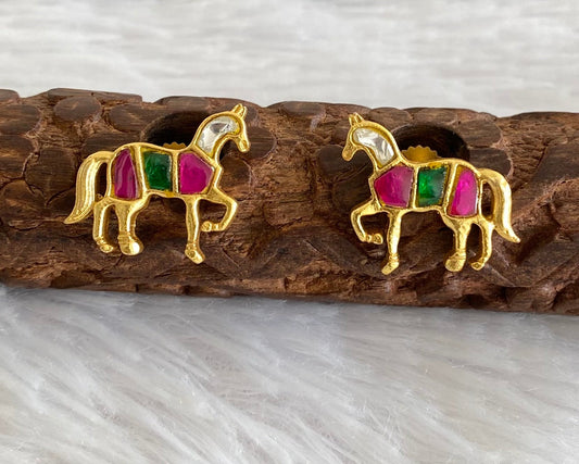 Gold tone pink-green-white kundan jadau horse earrings dj-53541