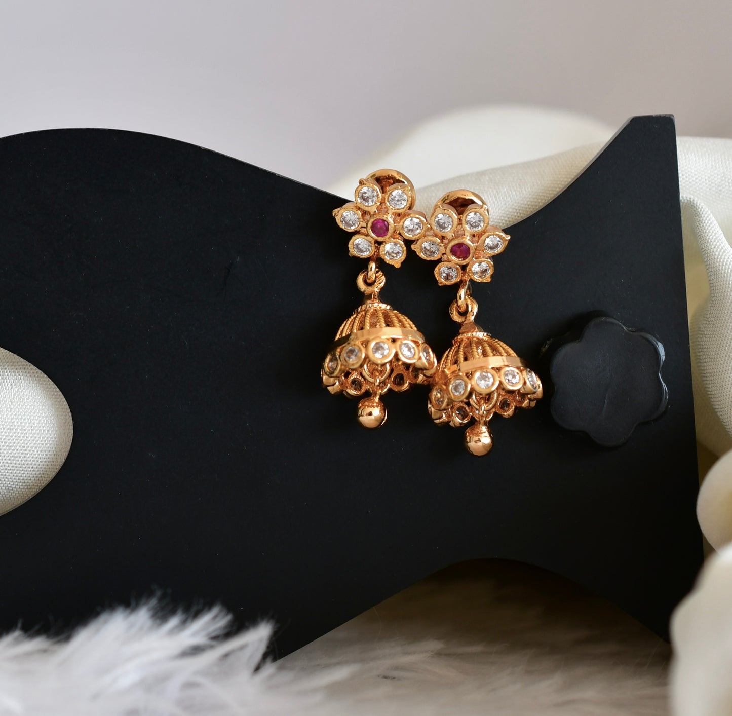 Gold tone ad pink-white south indian flower jhumkka dj-52787