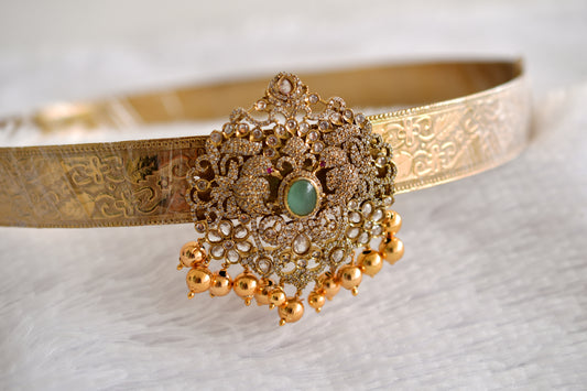 Antique gold tone cz sea green peacock flower waist band dj-52676