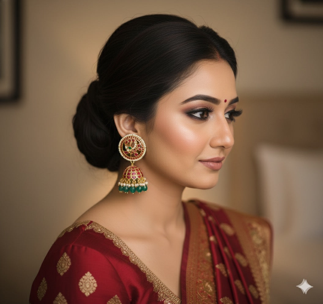 Gold tone pink-green-white kundan jadau green beaded big round peacock jhumkka dj-51509