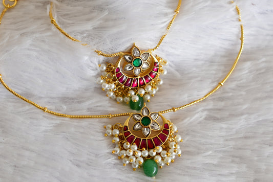 Gold tone pink-green-white flower bali kundan jadau anklets dj-52391