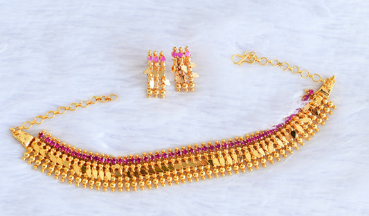Gold look alike ruby stone elakka thali choker necklace set dj-53104