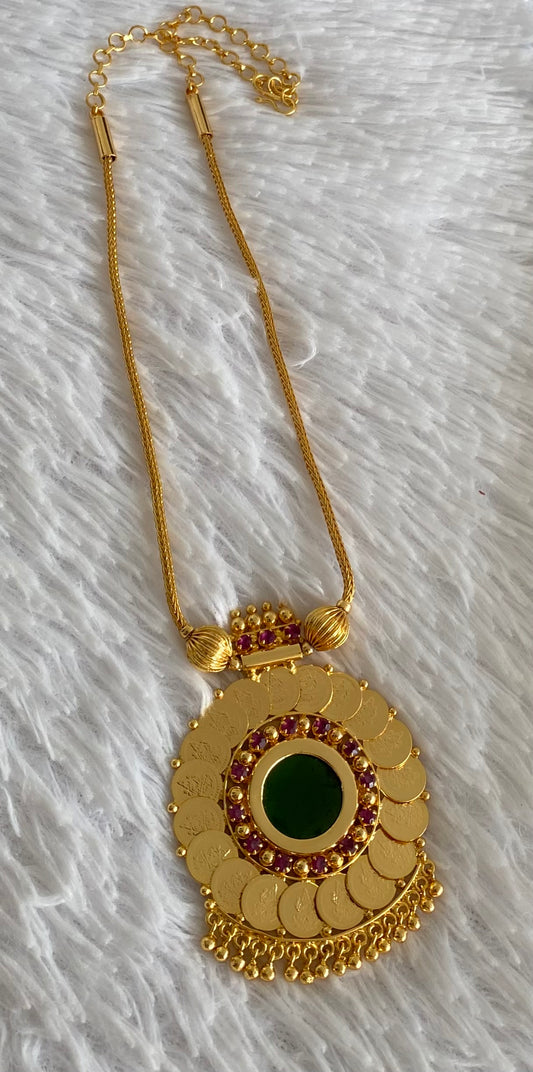 Gold tone pink-green round kerala style lakshmi coin necklace dj-54357