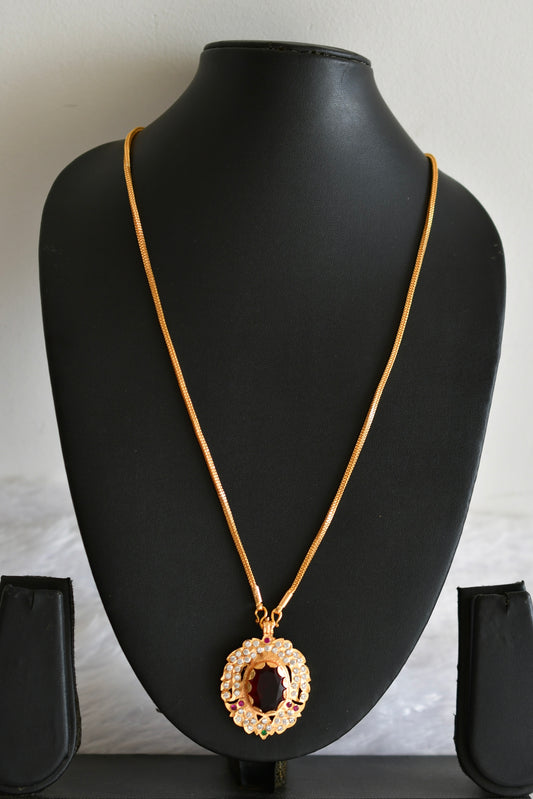 Gold tone 24 chain with red oval stone pendant dj-51912