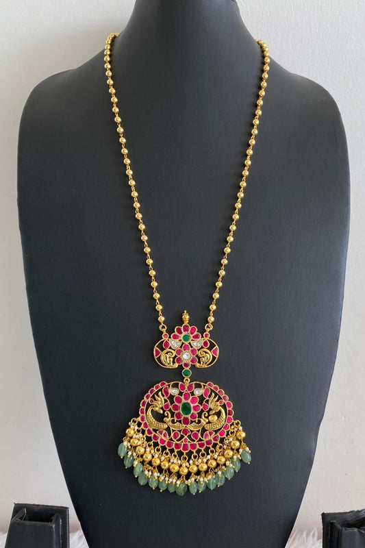 Antique gold tone pink-green-white kundan jadau peacock green bead haar dj-54515
