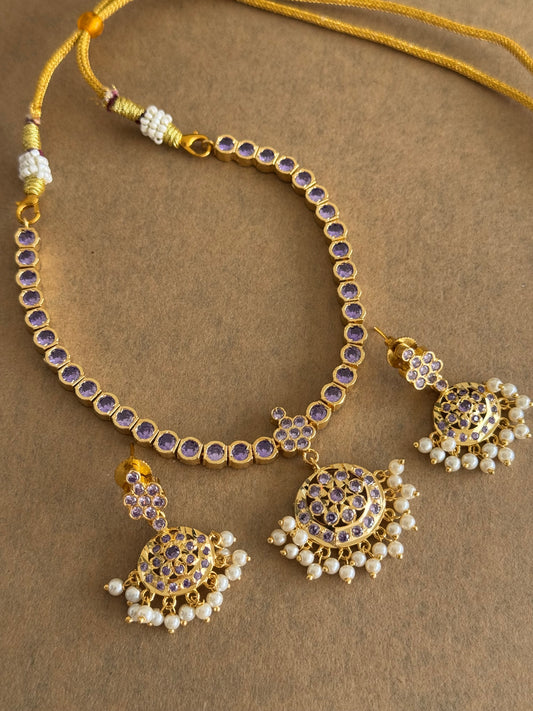 Gold tone AD purple south indian style attigai/necklace set dj-45882
