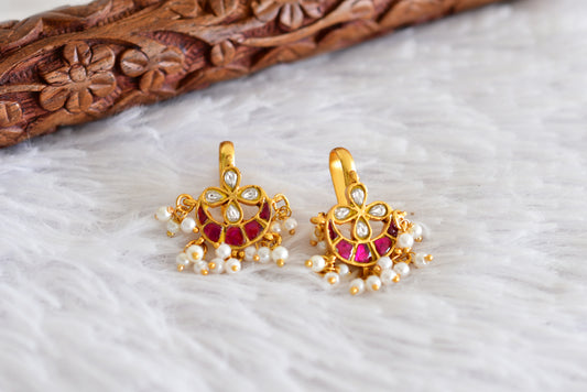 Gold tone pink-white kundan jadau bali bugadi earrings dj-52473