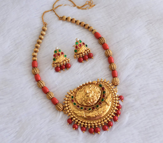 Matte finish coral beaded kemp-green lakshmi necklace set dj-52978