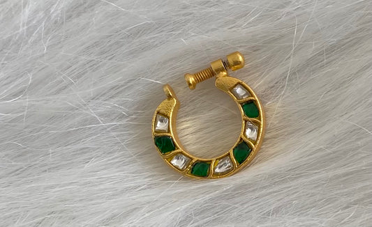 Gold tone kundan jadau green-white stone nose pin dj-53723