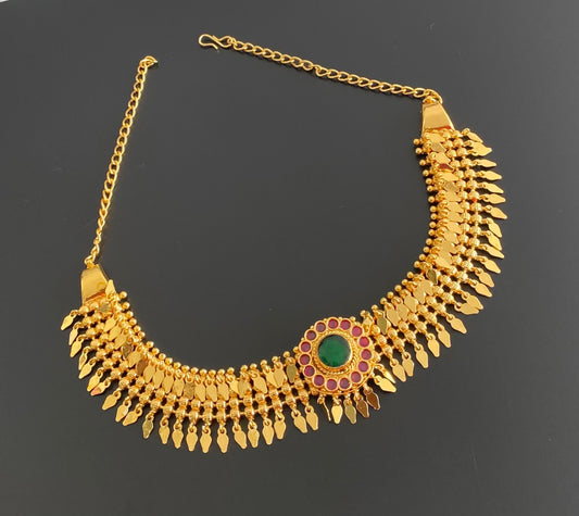 Gold tone kerala style elakka pink-green stone choker necklace dj-54105