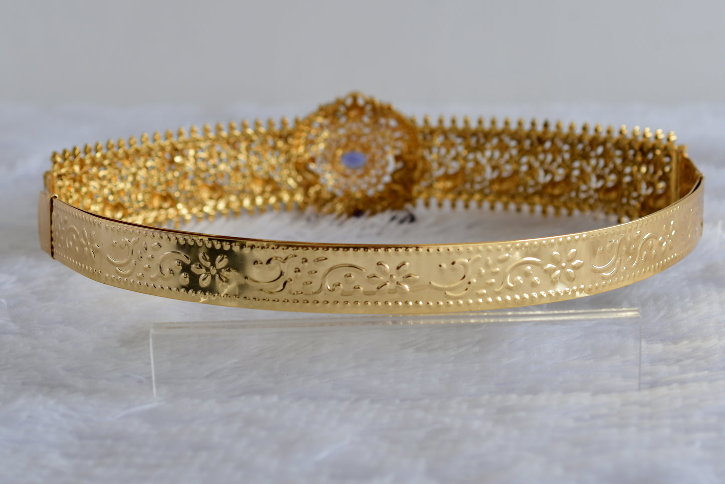 Antique gold tone purple-white stone peacock waist band dj-52195