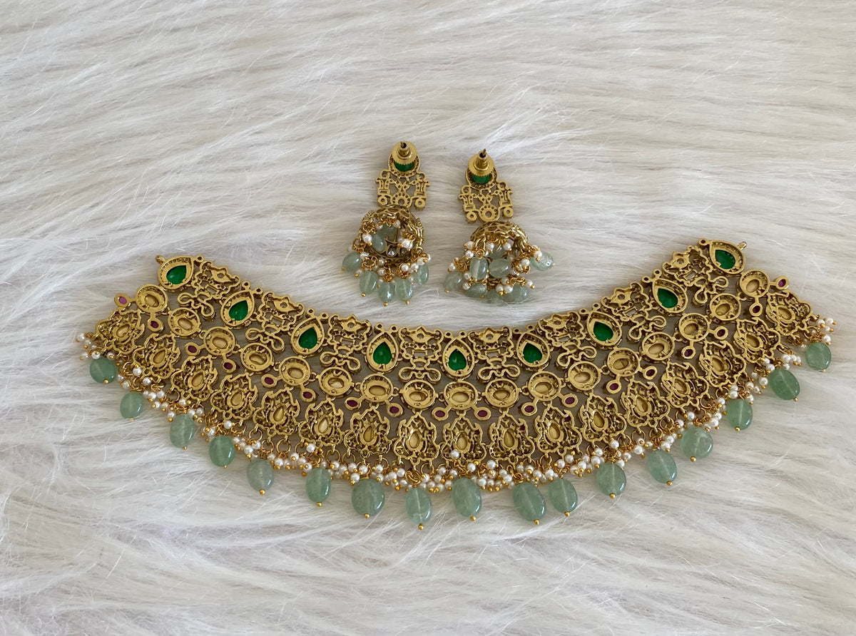 Antique gold tone peacock kundan sea green beaded choker necklace set dj-54804