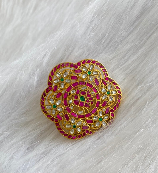 Gold tone pink-green-white kundan jadau peacock flower pendant dj-54172