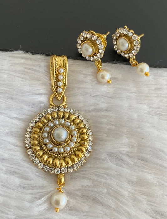 Antique gold tone white stone pearl pendant set dj-52966
