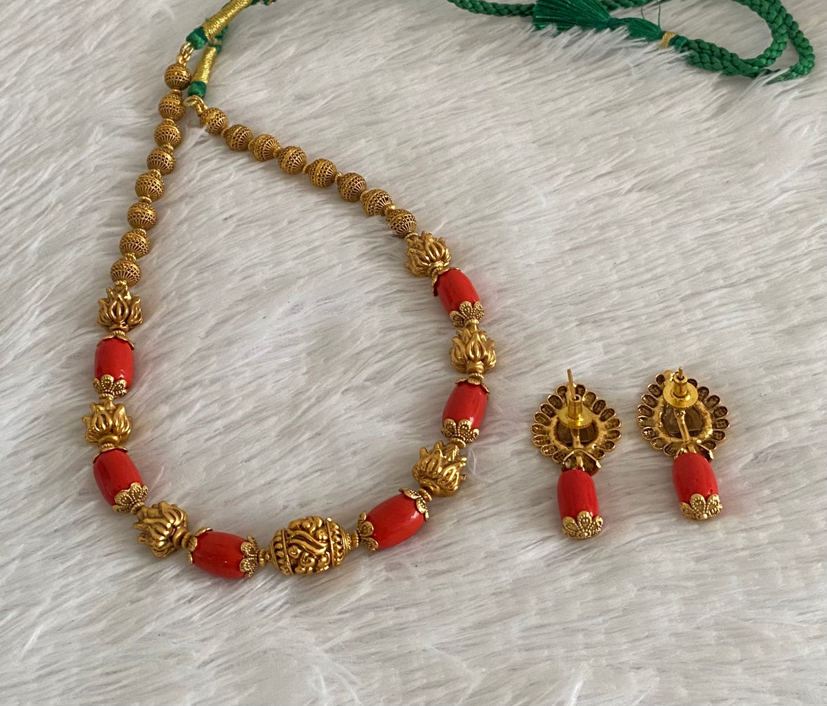 Antique gold tone coral nakshi beaded necklace set dj-54950