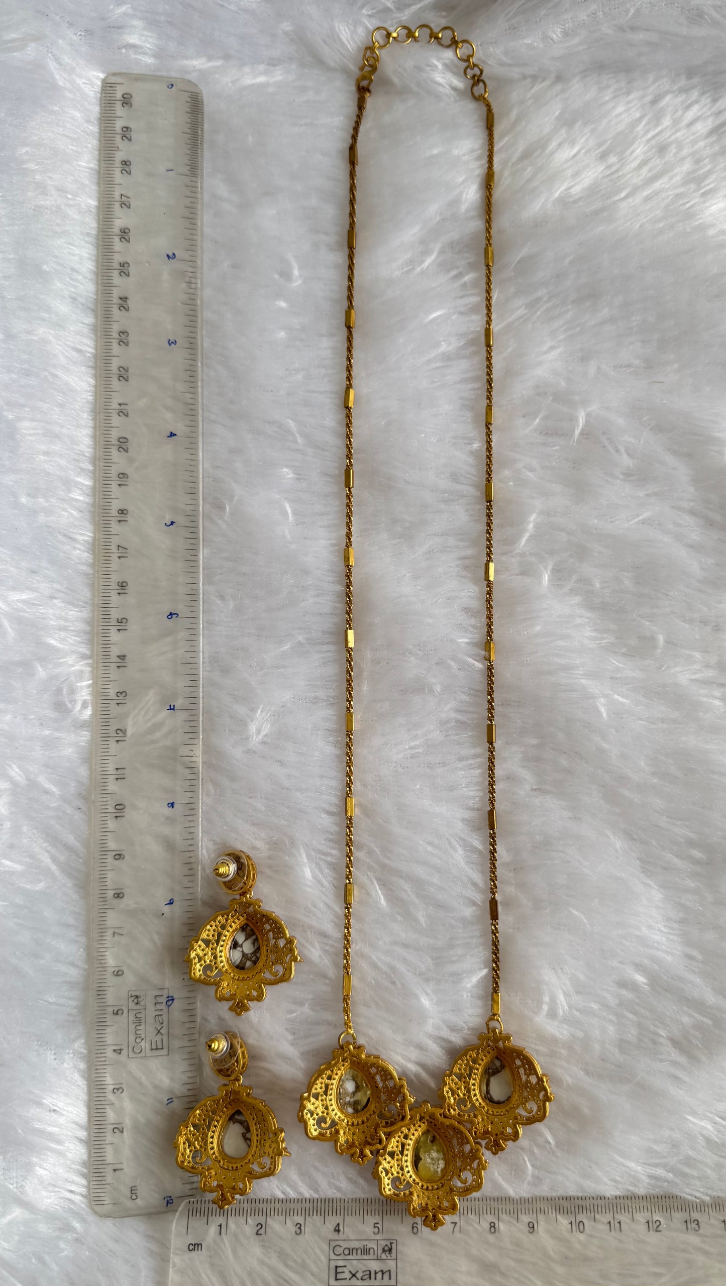 Antique gold tone white-gold fire stone long chain set dj-51092