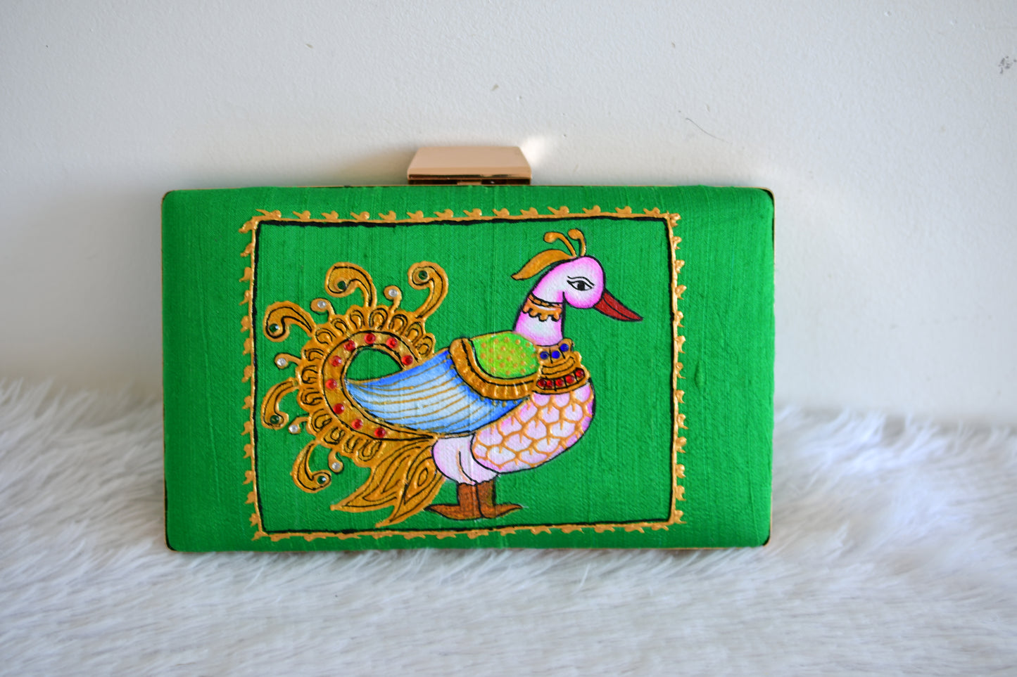 Tanjore painted green silk clutch dj-52653