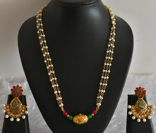 Gold tone pink-green pearl beaded necklace set dj-51985